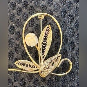 Coquette Gold Tone Filigree Flower Brooch Pin with Pearl Accent